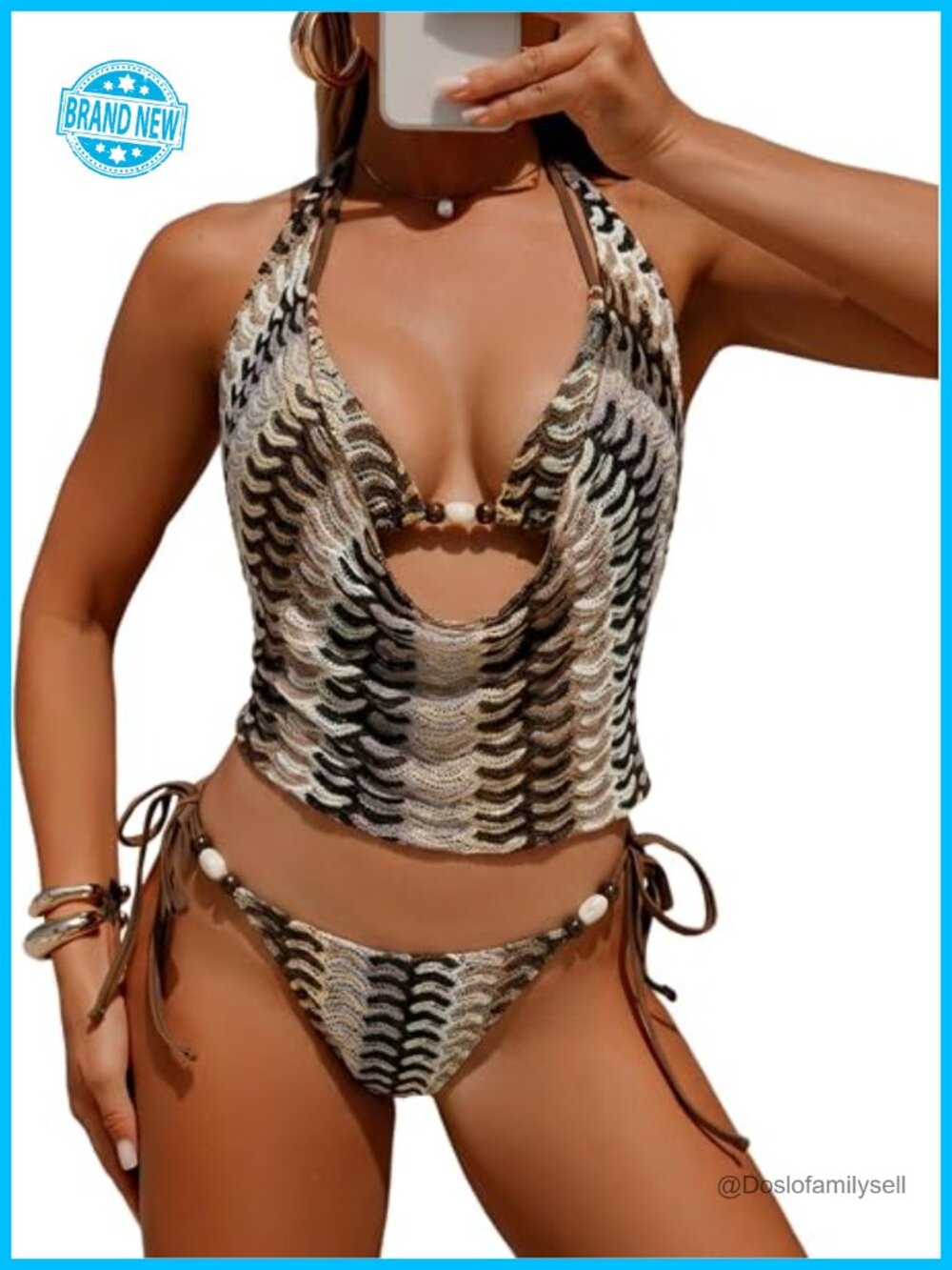 3 Piece Boho Cowl Neck Halter Bikini Set with Cover Up Tops